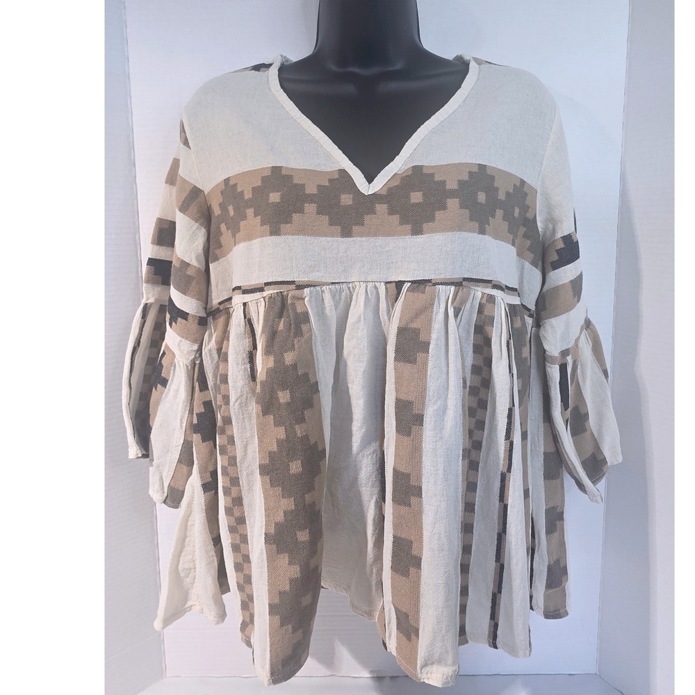 Sofia Made in Italy Women Cotton Geometric V-Neck Tiered Bell Sleeve Tunic M/L?